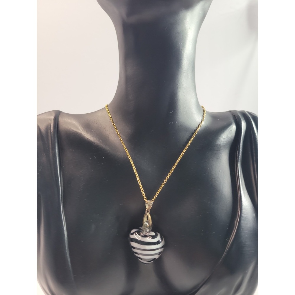 Black White Striped Heart Pendant Necklace Gold Tone Chain Statement Jewelry
